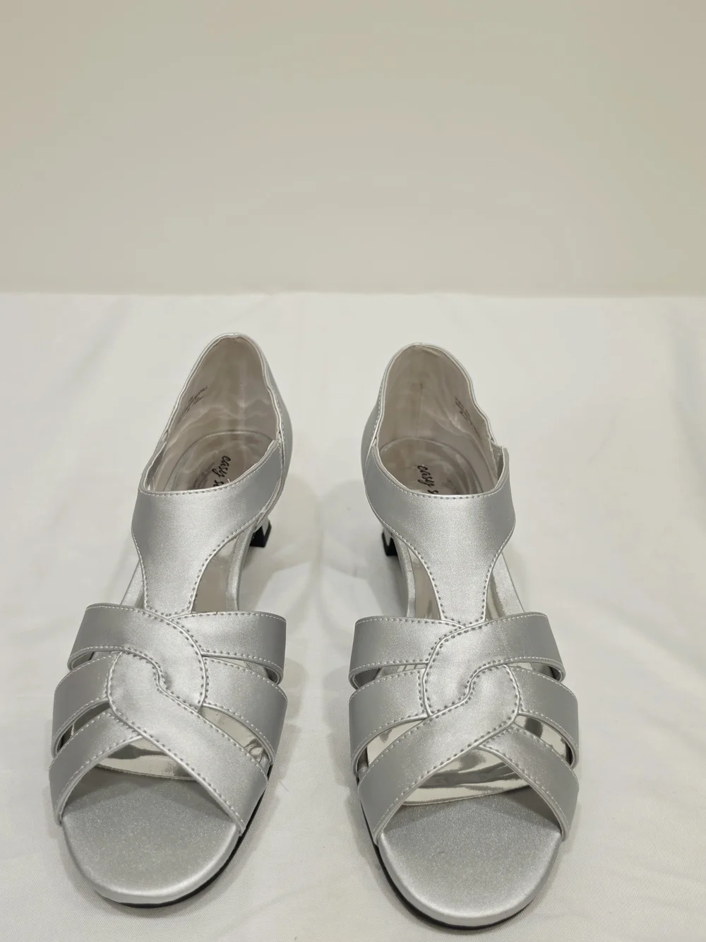 easy street Silver Satin Essie Wide Size 7 Strappy Low Heel Sandals